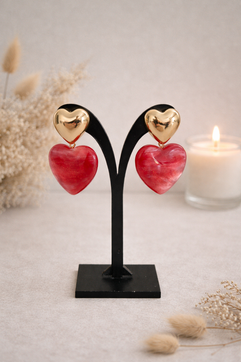 Boucles d’oreilles - Double cœur or et rouge