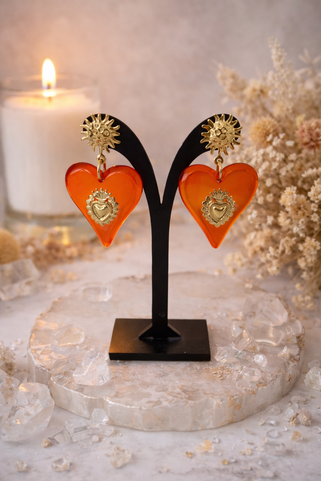 Boucles d’oreilles - cœur rouge soleil royal doré