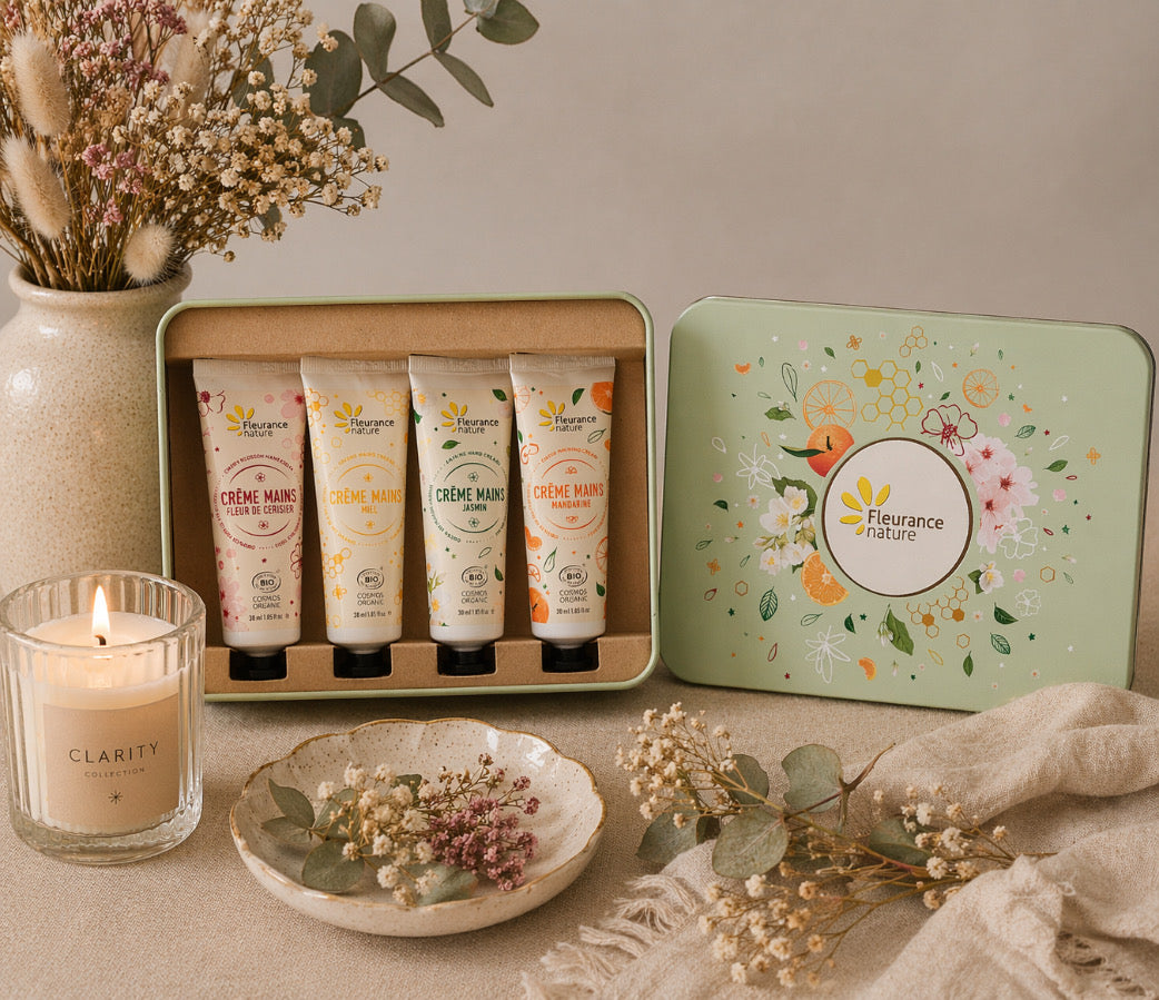 Coffret crème mains 4 x 30 ml - Parfum Mandarine, Jasmin, Miel, Fleur de cerisier