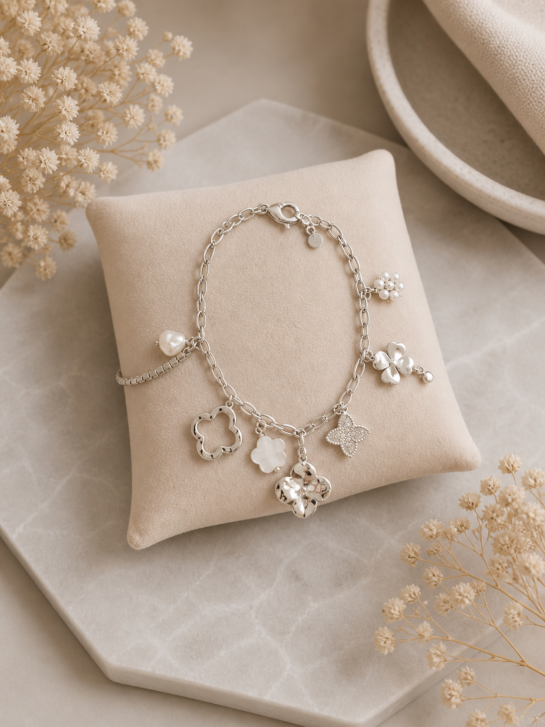 Bracelet - Fleurs argentées