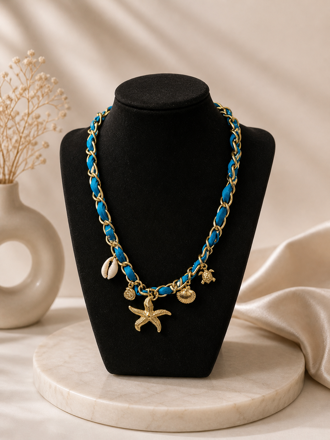 Collier - Breloques dorées ruban bleu
