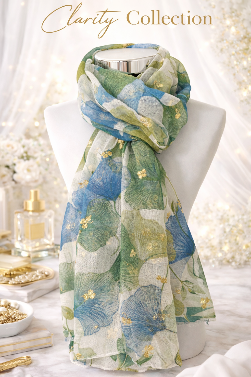 Sjaal met blauw/groene en gouden motieven